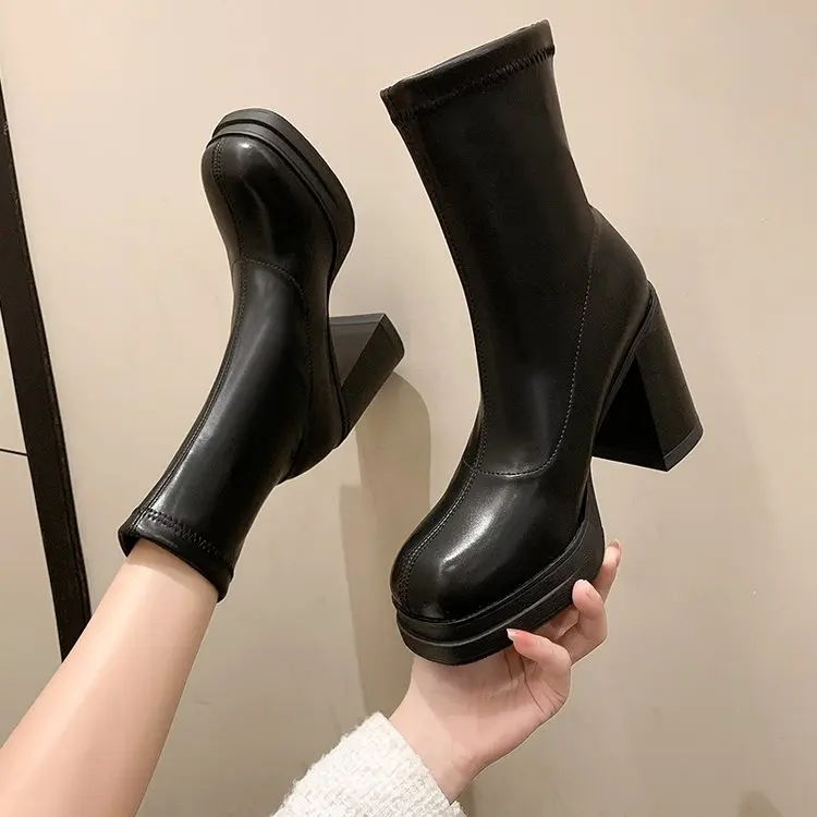 Winter Boots Lady Boots-Women Shoes Zipper Luxury Designer 2024 Rubber High Heel Ankle Fashion Rome Solid PU Basic Square Toe