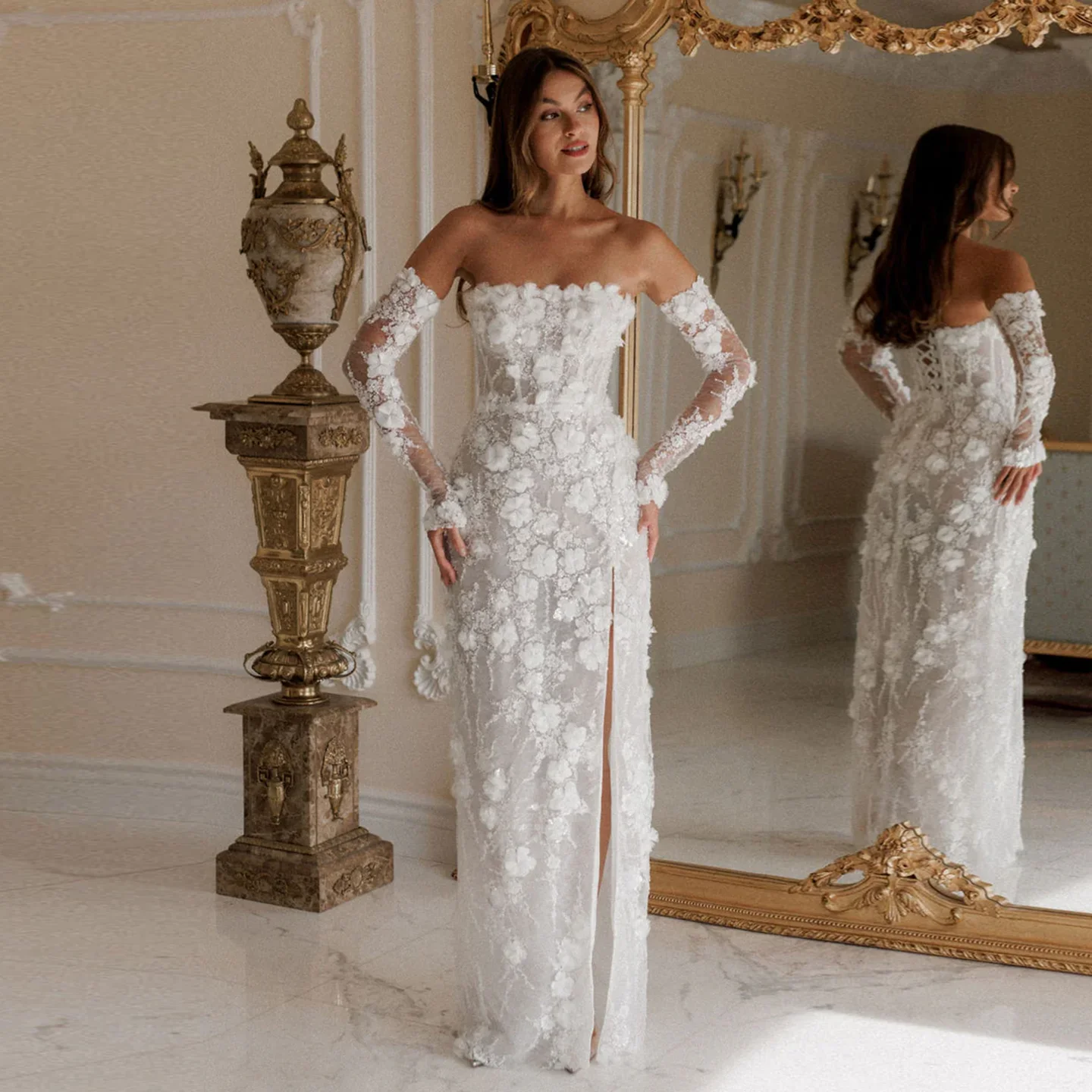 

Sharon Said High Quality 3D Flowers White Tulle Straight Wedding Dress 2025 Long Sleeves High Split Bride Gowns SW085 Customized