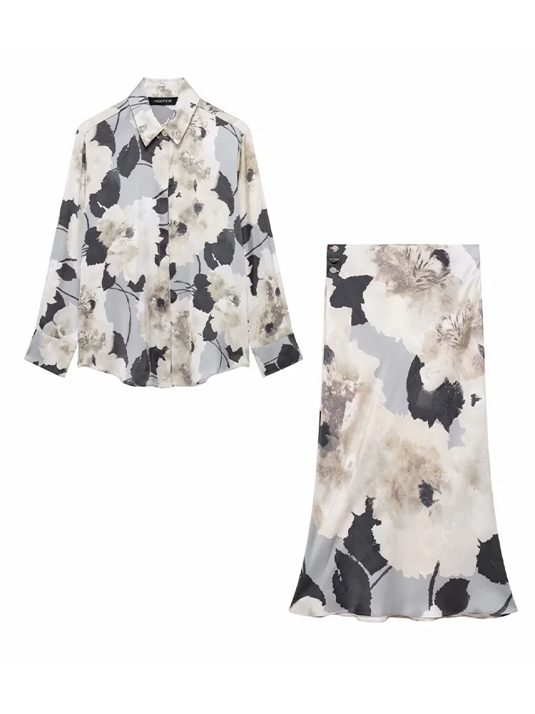 HH Spring Women Fashion Skirts Suit Turn-down Collar Printed Single-breasted Shirt+High Waist Printed Texture Midi Skirt