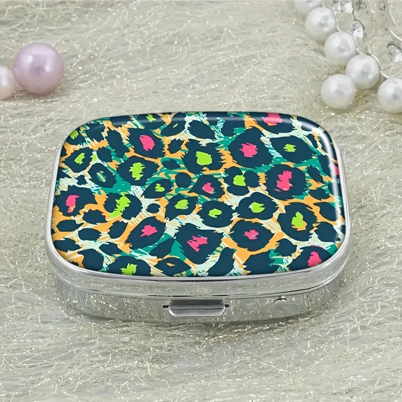 Leopard Pill Box - Double Grid, Portable Vitamin Box, Perfect for Wallets and Traveling - Pocket Size, Stylish Green Pattern