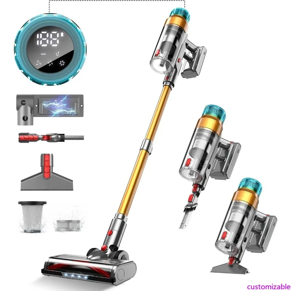 Customizable Cordless Vacuum Cleaner 600W 55Kpa Stick Vacuum,Up to 55Mins, Vacuum Cleaners for Home Rechargeable Wall Mount OLED