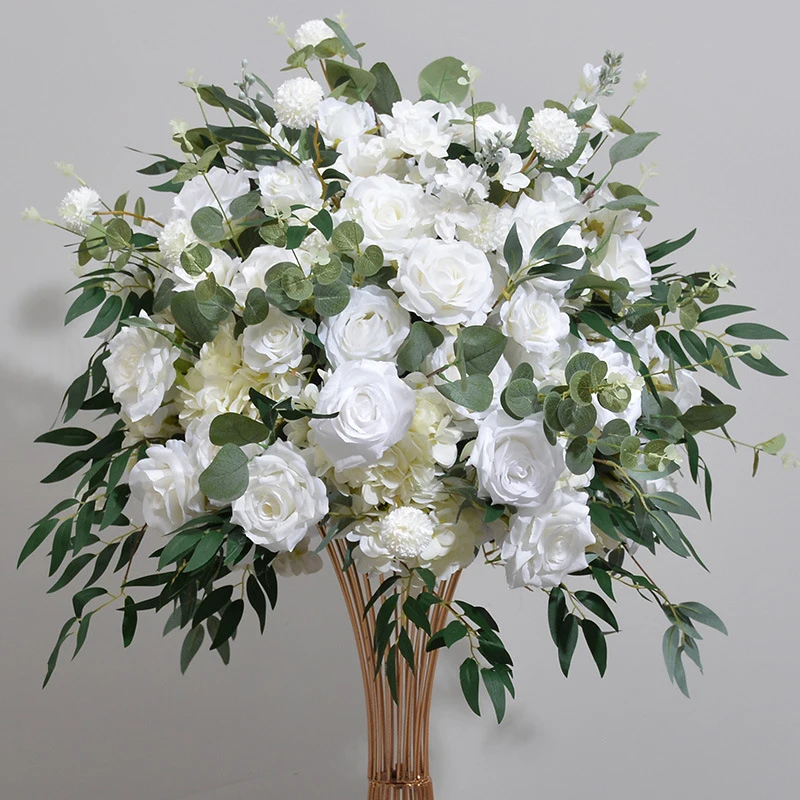 Green Plant Leaf Artificial Flower Ball White Rose Greenery Arrangement Wedding Table Centerpiece Floral Ball Party Display