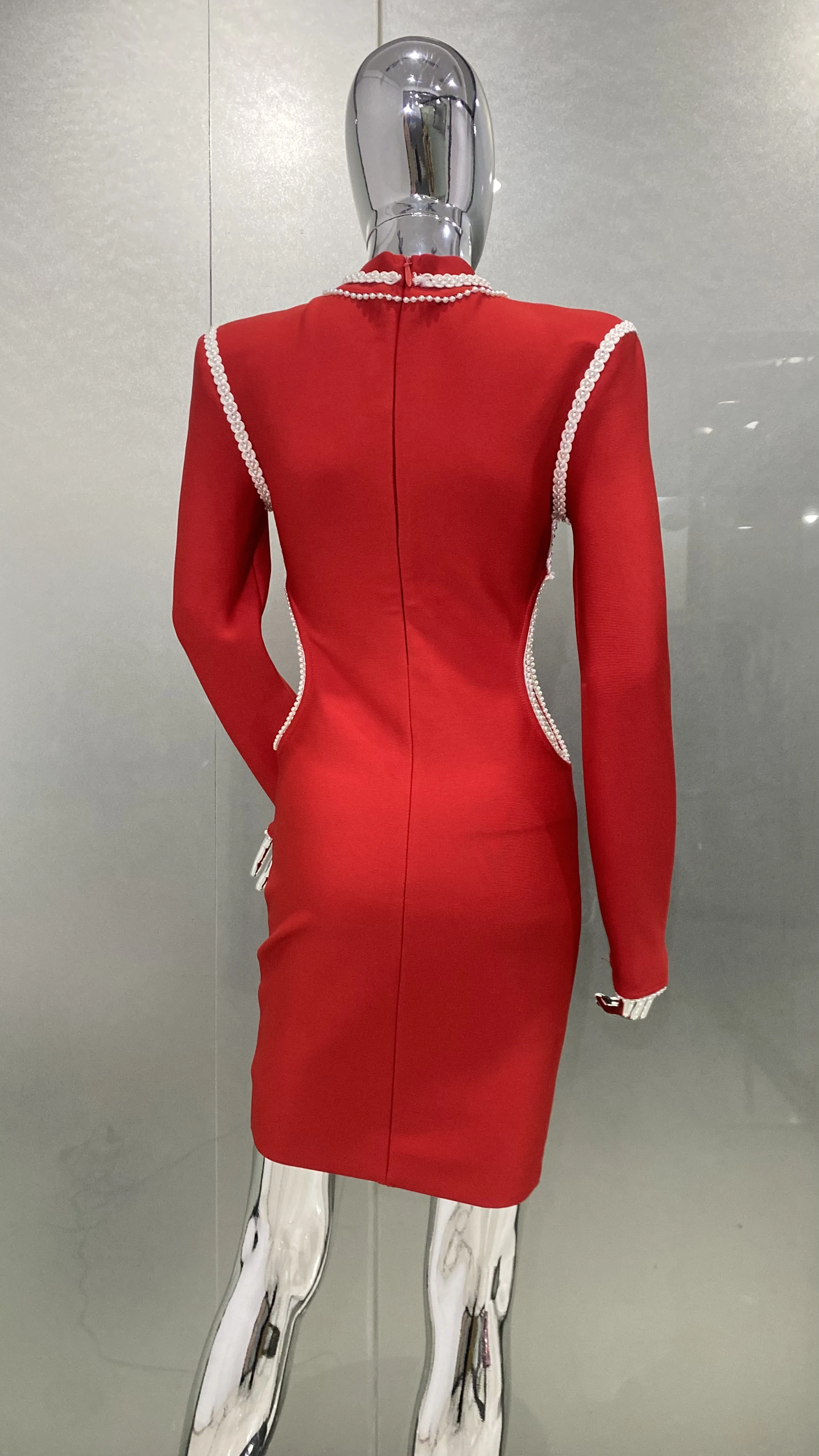 New Arrival Peal Beading Sexy Hollow Out Red Mini Bandage Dress Fashion Woman Evening Dress Merry Christmmas Party Outfit