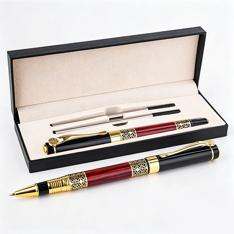Exklusiver Kugelschreiber Schwarz mit Chrom-Verzierung Luxus, 0,5mm Spitze, 2 Stück Tintenpatronen, Edle Kugelschreiber in Stilvoller Geschenkbox für S – Detail 4