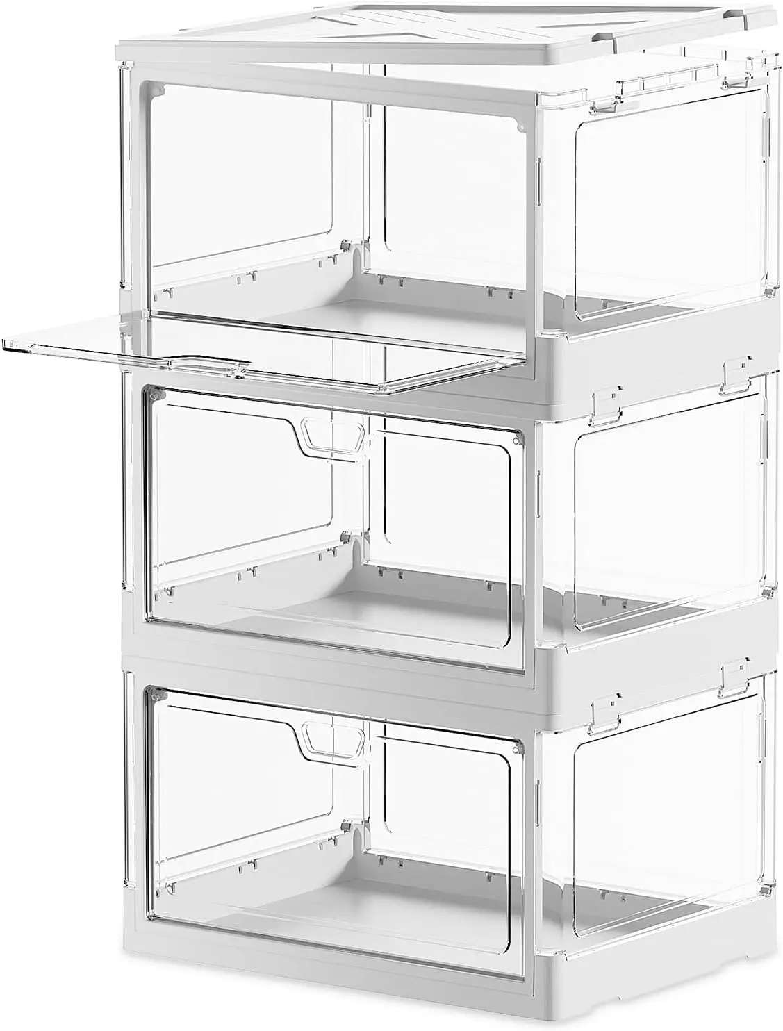 

Stackable Clear Storage Bins with Lids70 Qt Plastic Collapsible Organizer Containers Boxes W/ Doors White 15x11.2x8.7 X 3-Pack