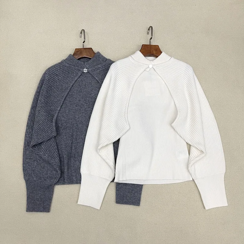 

2025 Autumn/Winter New Long-Sleeved Knitted Top With One Button Short Shawl Two-Piece Set For Women