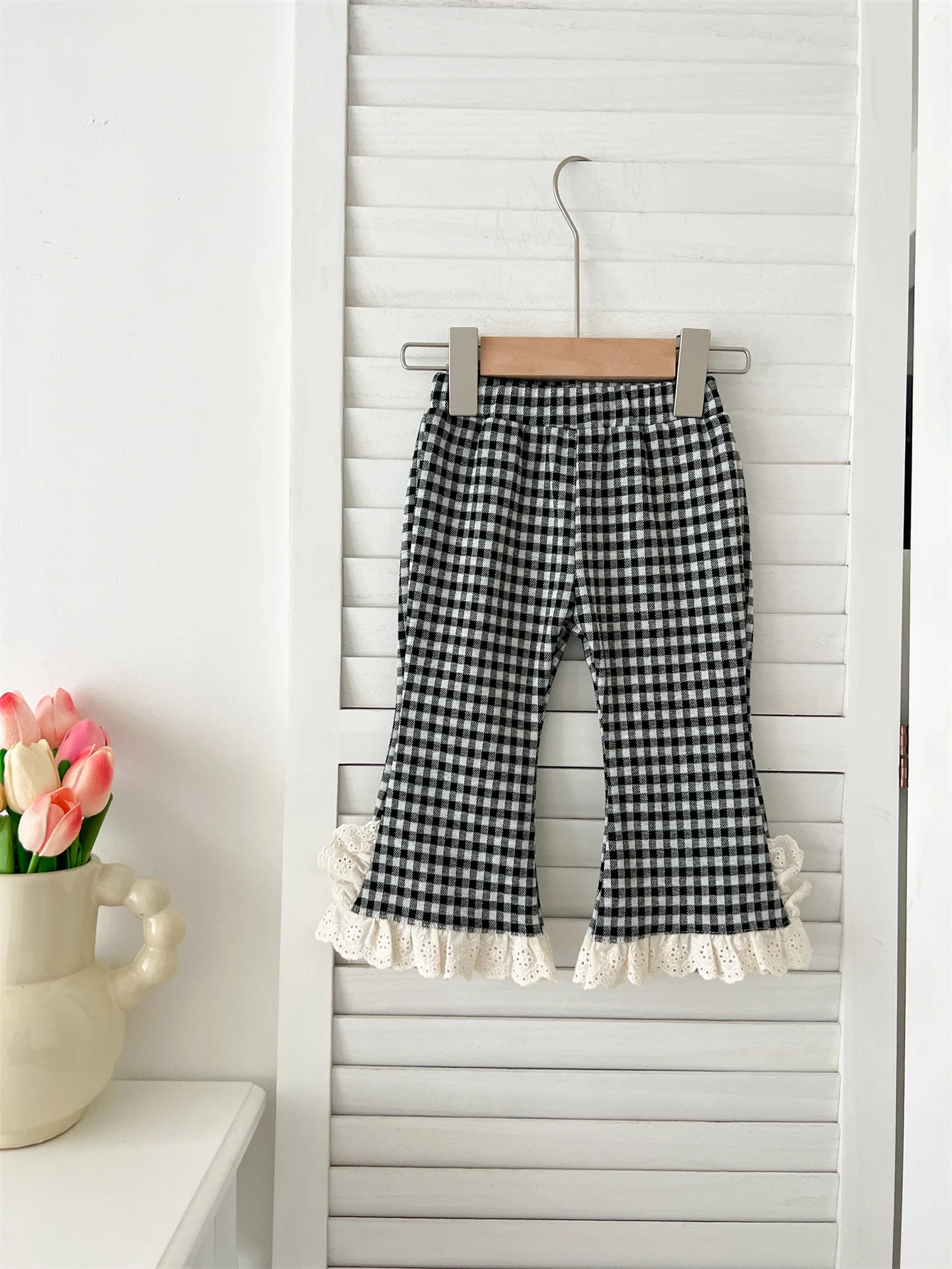 2026 Autumn New Baby Loose Trousers Cotton Girls Cute Plaid Lace Flared Pants Infant Toddler Versatile Casual Pants Kids Clothes