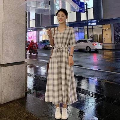 Plaid Shirt Dress Women Summer Long Style Fairy Forest System French Long Dress Waist Shaping Skirt