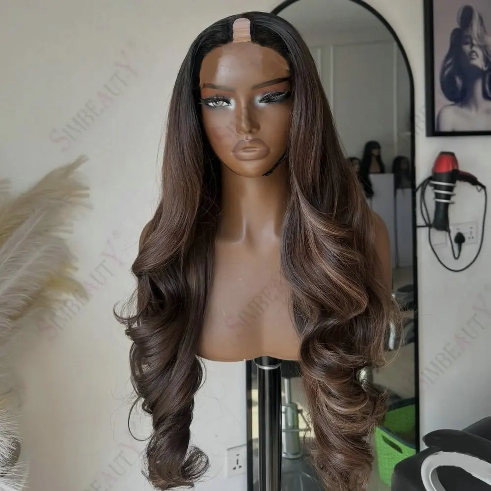 Lange, gewellte U-Part-Perücken in der Größe 1x4 aus Echthaar für schwarze Frauen, klebefrei, verstellbar, V-Part, vollmaschinell gefertigt, natürliches Haar – Detail 1
