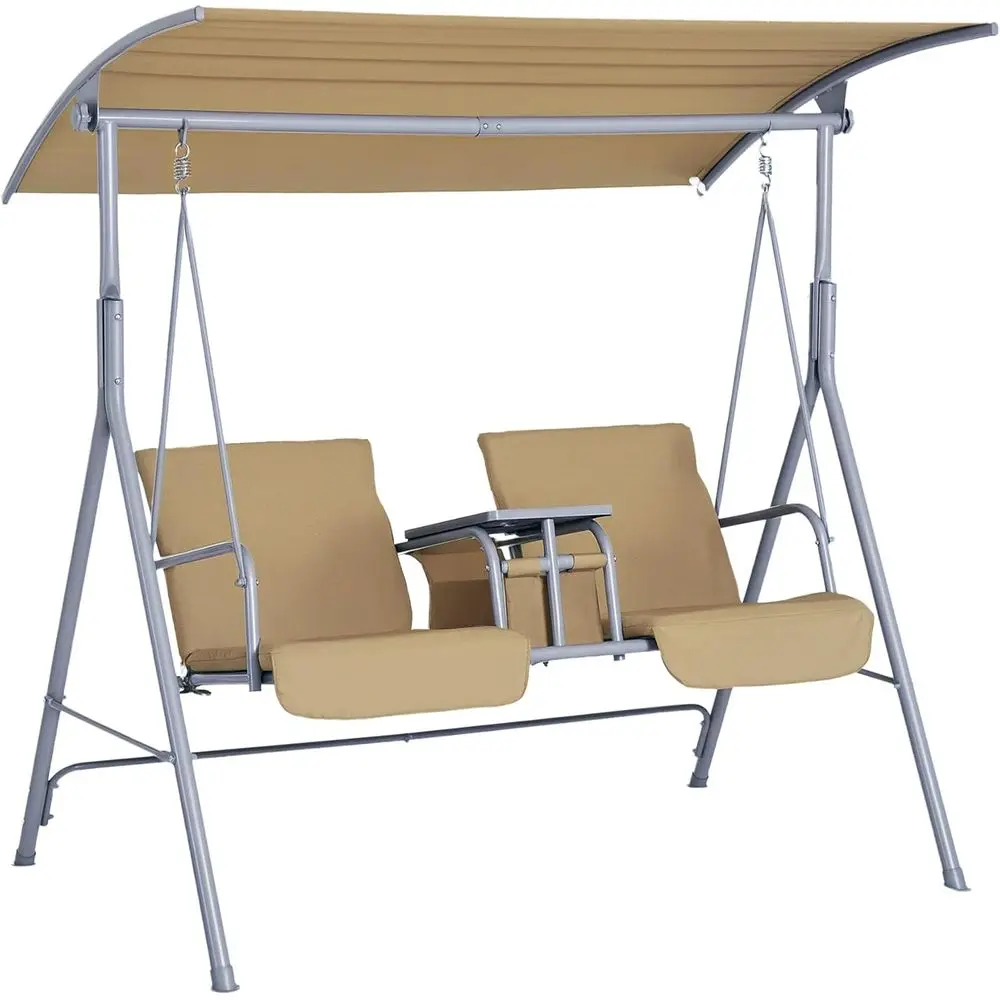 

Person Porch Swing with Stand, Outdoor Swing with Canopy, Pivot Storage Table, 2 Cup Holders, Cushions for Patio, Backyard, Beig