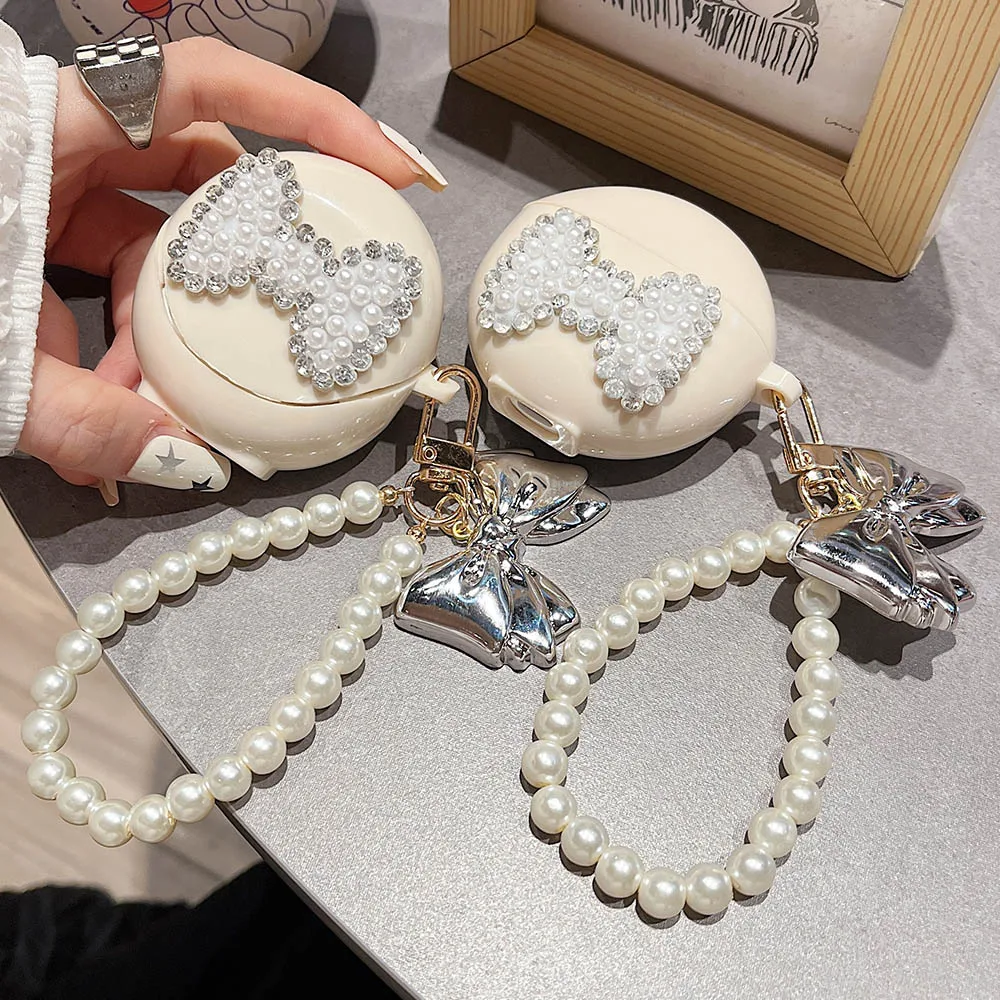 Luxury 3D Pearl Diamond Case For OPPO Enco Air 2i Air3 Soft Shockproof Protective Earphone Case With Electroplated Bow Bracelet