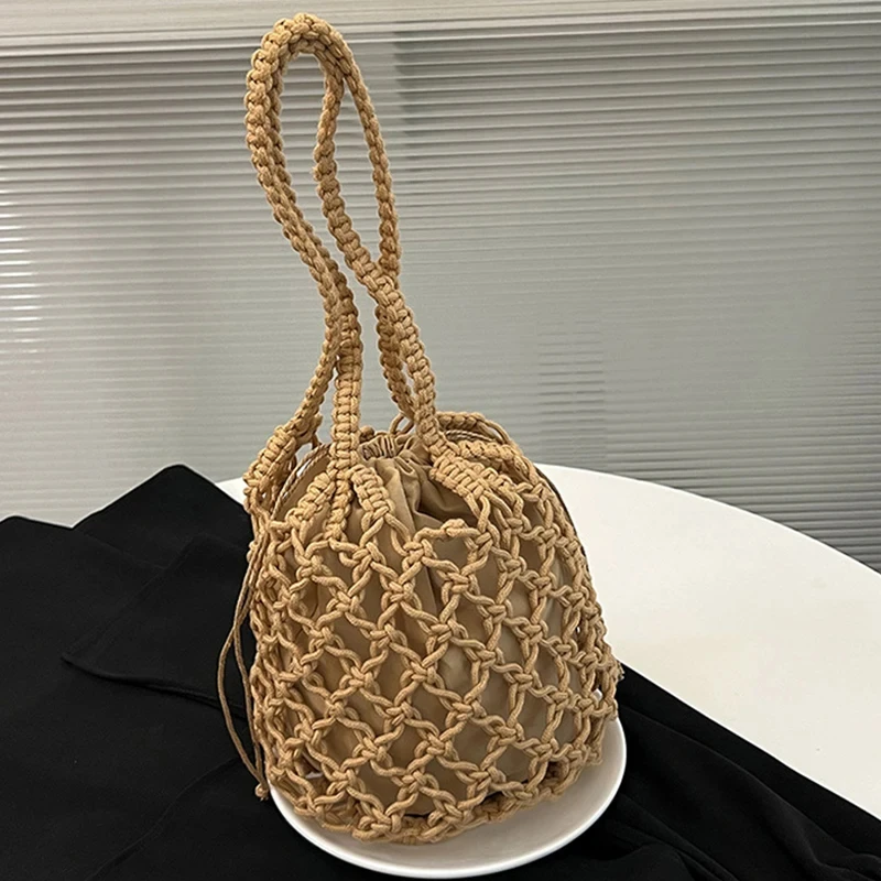 Borsa da spiaggia estiva per donna borsa a tracolla a secchiello lavorata a maglia con corda a rete borsa a mano da viaggio con reticolo cava Totes borsa moda donna