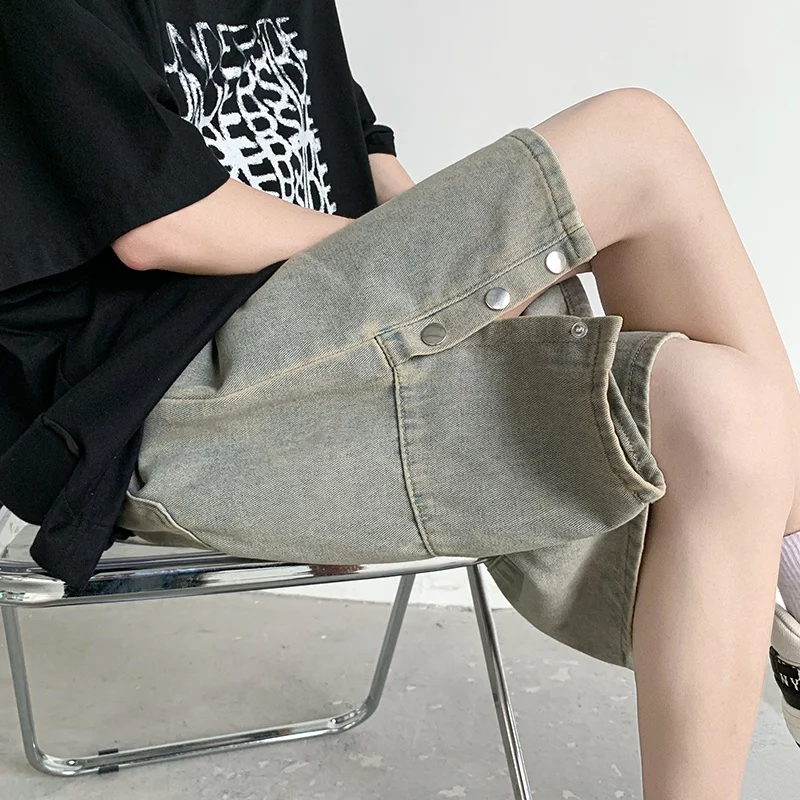 

Summer New Sle American High Street Vintage Distred Casual Men's Denim orts Button Split Five-Quarter Loose Straight Cut