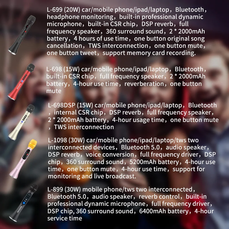 Lewinner-Micrófono de Karaoke Serie L, altavoz inalámbrico, 15-30W, portátil, Bluetooth, para teléfono, compatible con grabación, reproducción TF