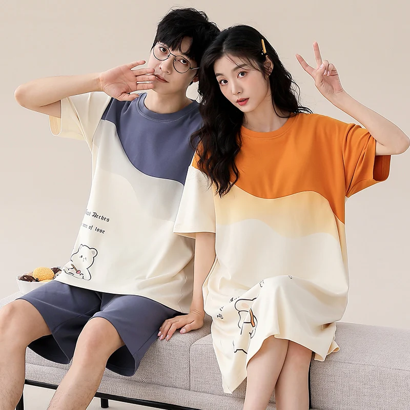 Summer Couple Pajama Set Cute Cartoon Pyjamas Men Short Sleeve Pijamas Women Nightgown