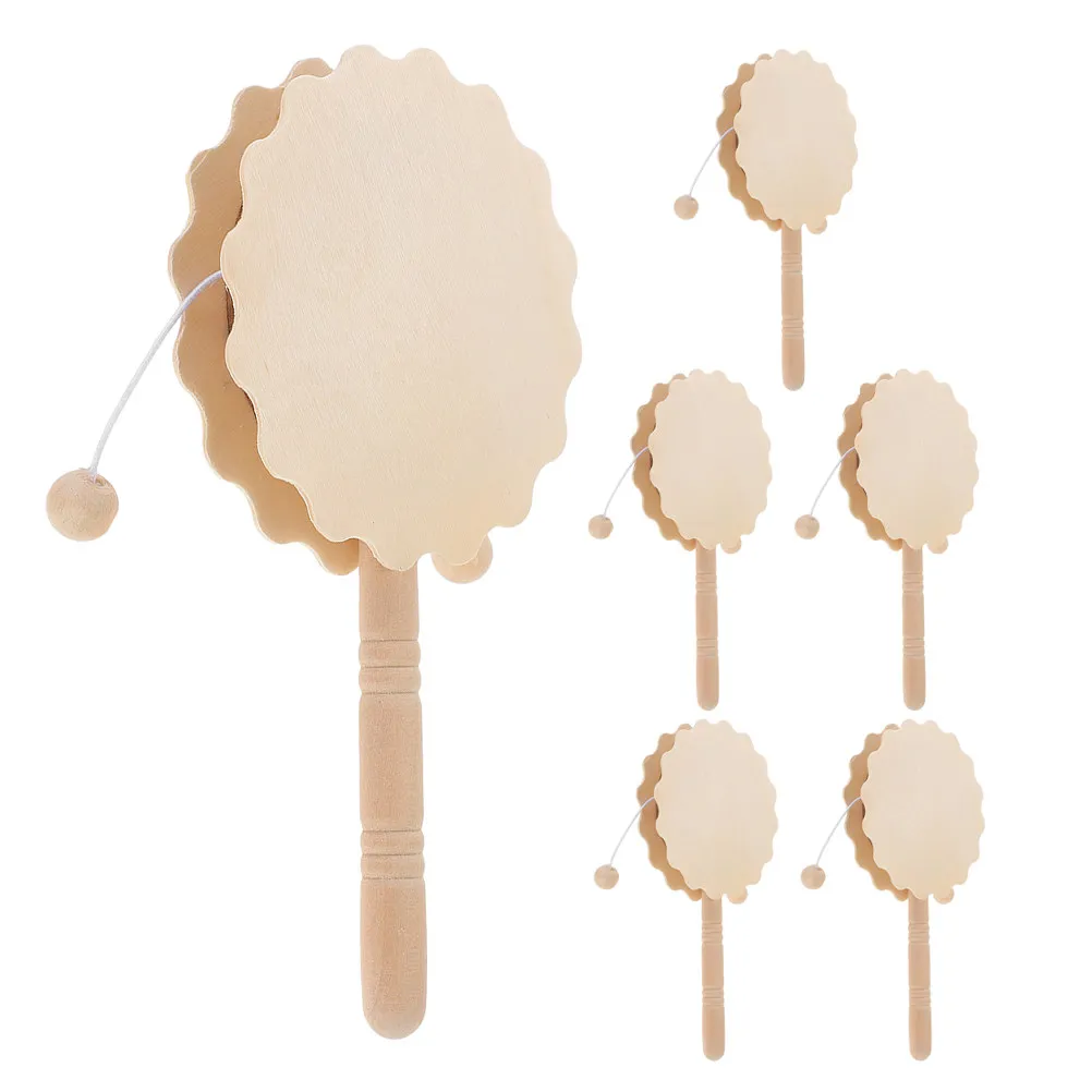 6Pcs Wood Unfinished Rattle-Drum Set Hand Painted DIY Musical Instrument for Children Educational Play Focus Enhancement Party