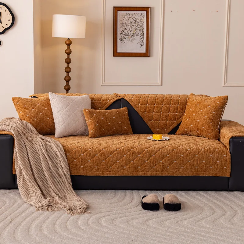 Velvet Sofa Cover Universal Plaid Plush Non-Slip Thickened Living Room Sofa Cover Warm Flannel Sofa Cushion Armrest Back Towel