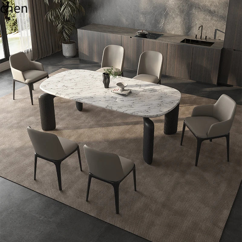 

HXL high-end marble dining table household minimalist ash wood solid wood dining table and chair combination