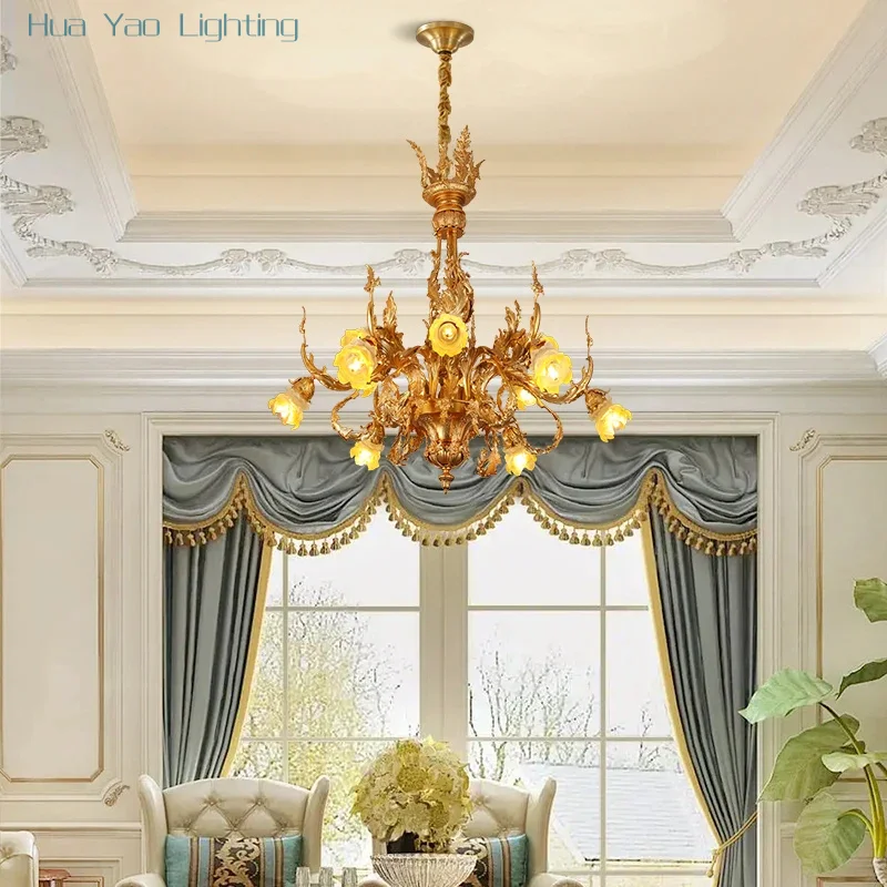 European Living Room Pendant Light Carved Copper Glass Flower Shade French Luxury Dinning Room Villa Brass Chandelier