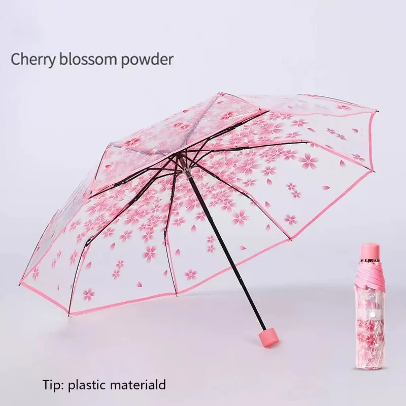 Portable Transparent Sakura Clear Umbrella Cute Cartoon Foldable Three Folding Manual Umbrella for Student Men and Women Travel