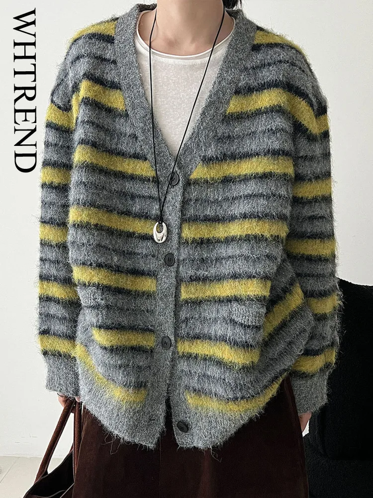 

WHTREND осенне-зимний шерстяной бархатный вязаный кардиган в полоску, свободный новый свитер с длинными рукавами и v-образным вырезом, пальто WH1762