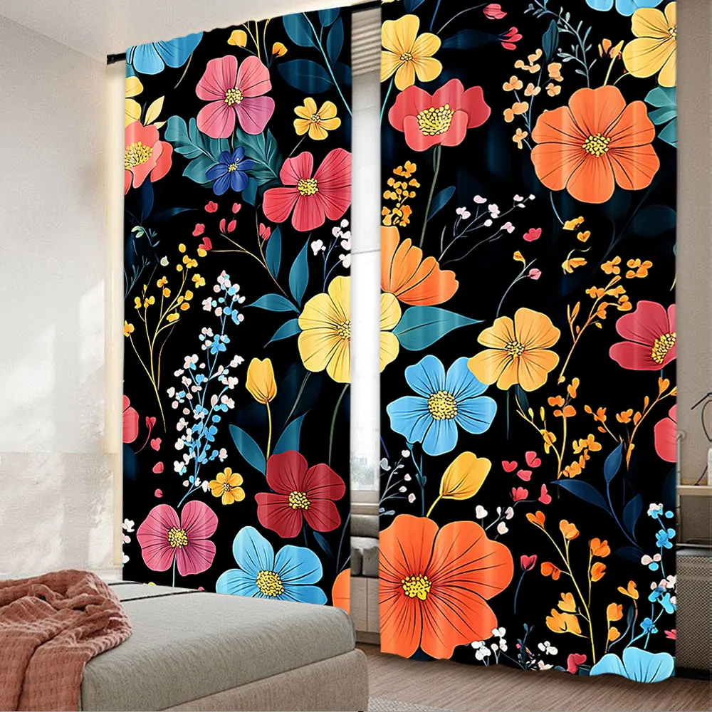 2Pcs Boho Floral Curtain Colorful Flower Leaves Design Modern Rustic Country Wildflower Suitable For Living Room Bedroom Kitchen