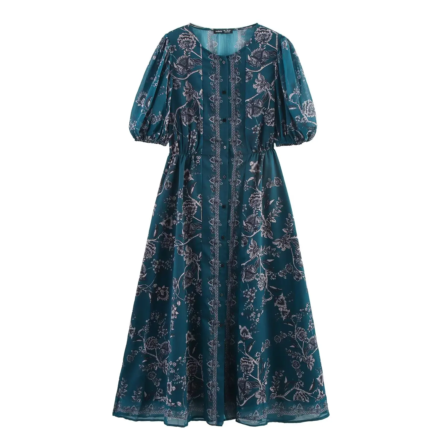4 farben 2025 BOHO Frauen Blume Drucken O hals Offene Tasten Chiffon Hemd Kleid Ethnische Elastische Taille Puff Sleeve Midi Kleider robe