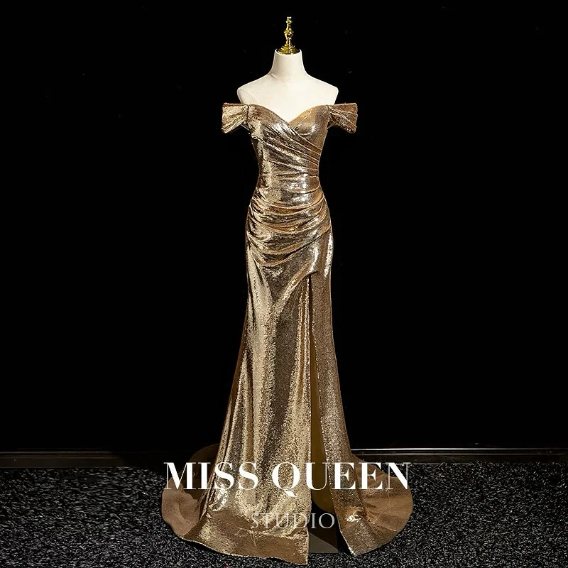 Sexy Golden Sequin Celebrity Dresses Sleeveless Beading Side Slit Banquet Host French Ruched Evening Cocktail Party Gowns