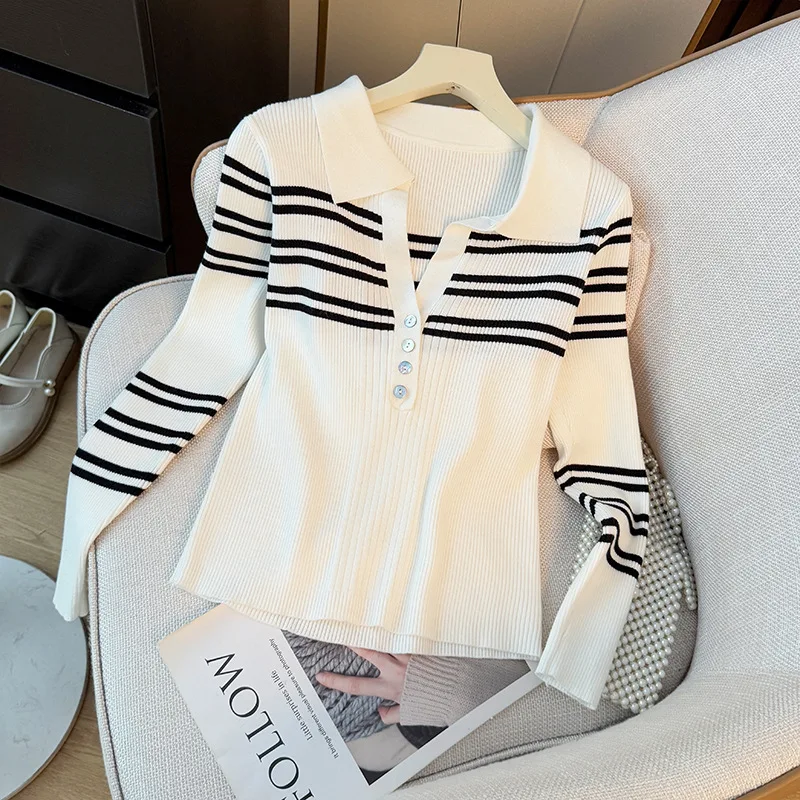 Elegante dames effen slanke trui contrasterende kleur gestreepte revers gebreide trui met lange mouwen