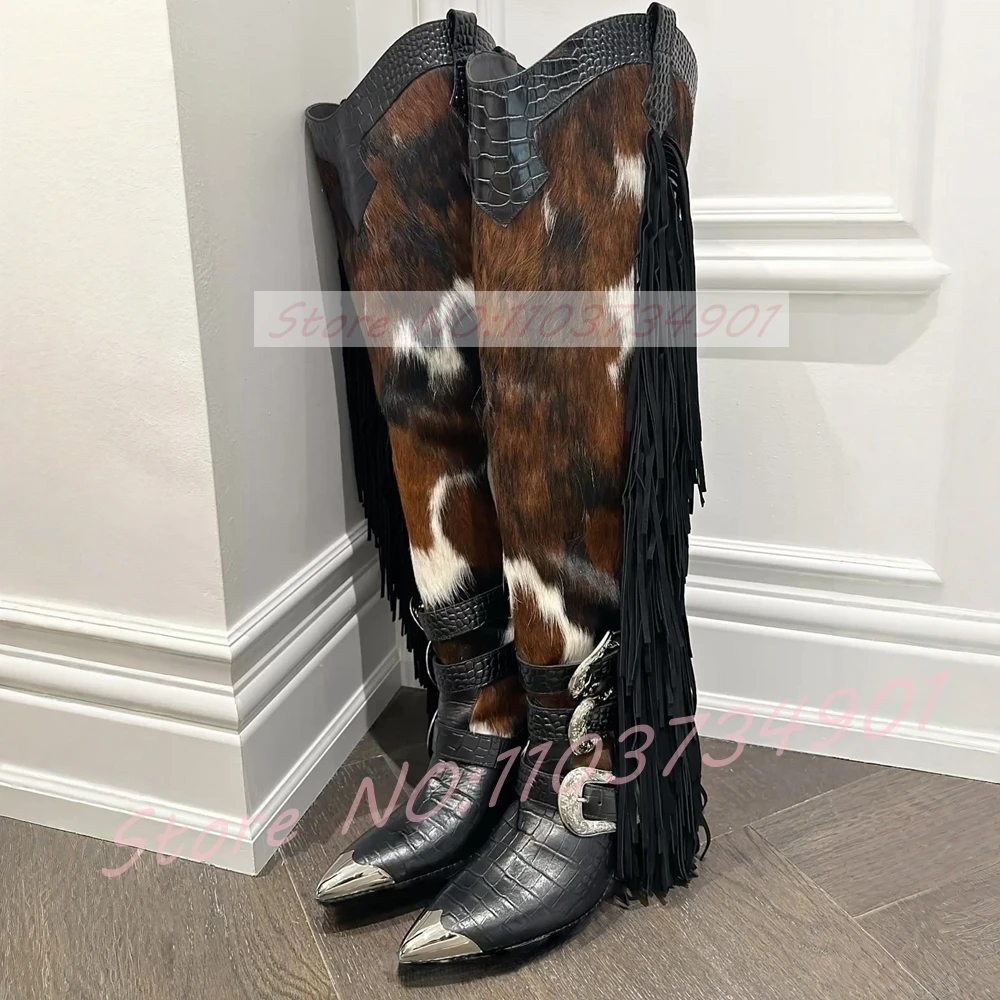 

Horse Hair Over-The-Knee Western Boots Women Metal Pointed Toe Tassels Stone Pattern Boots Ladies Punk Buckle Chunky Heels Boots