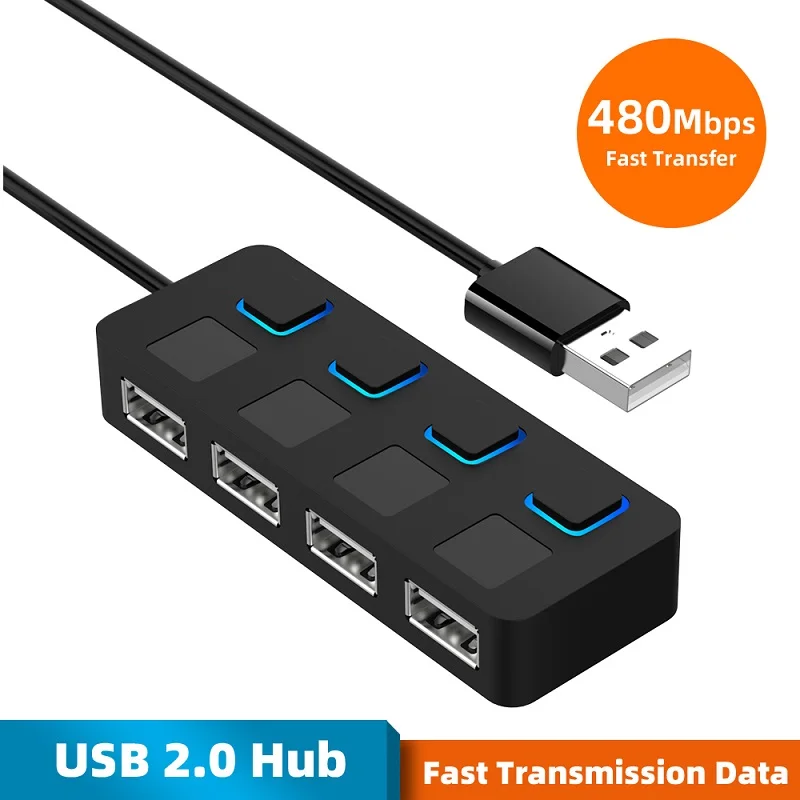 4 Ports Multiple USB 2.0 Hub Multi USB Splitter Expander USB 2.0 HUB Use Power Adapter USB2.0 Hub with Switch For PC Computer