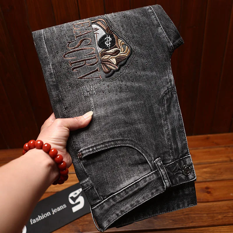 Fashionable light luxury embroidered printed jeans for men's summer trend, elastic slim fit pants, 2025 new men's clothing