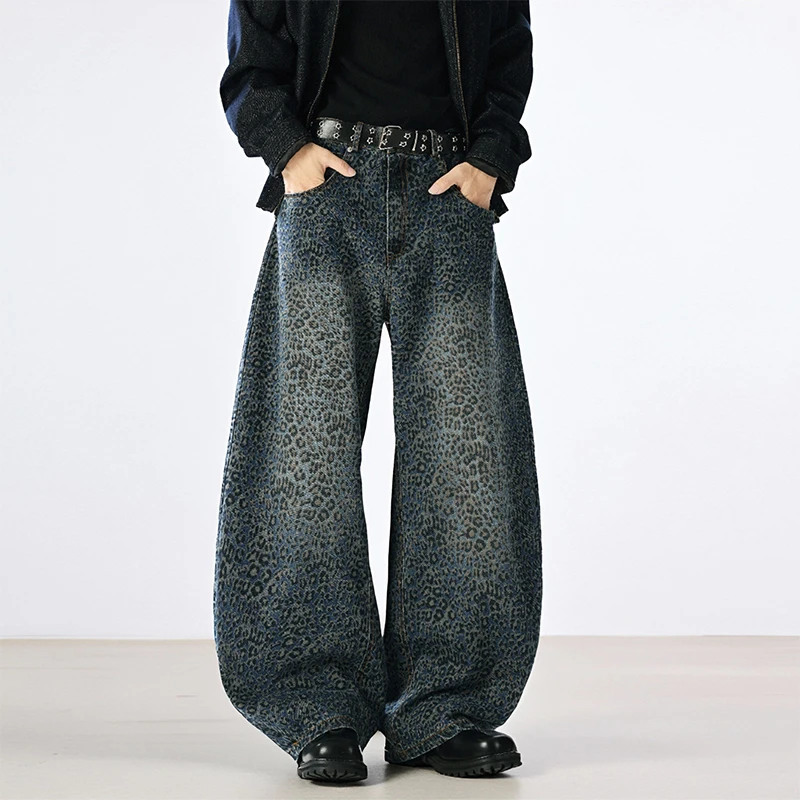 

Американские Ретро Леопардовый Принт Полный Принт Изогнутый Нож Джинсы Свободные Банановые Широкие Брюки Мужчины Женщины Design Sense Повседневные Брюки