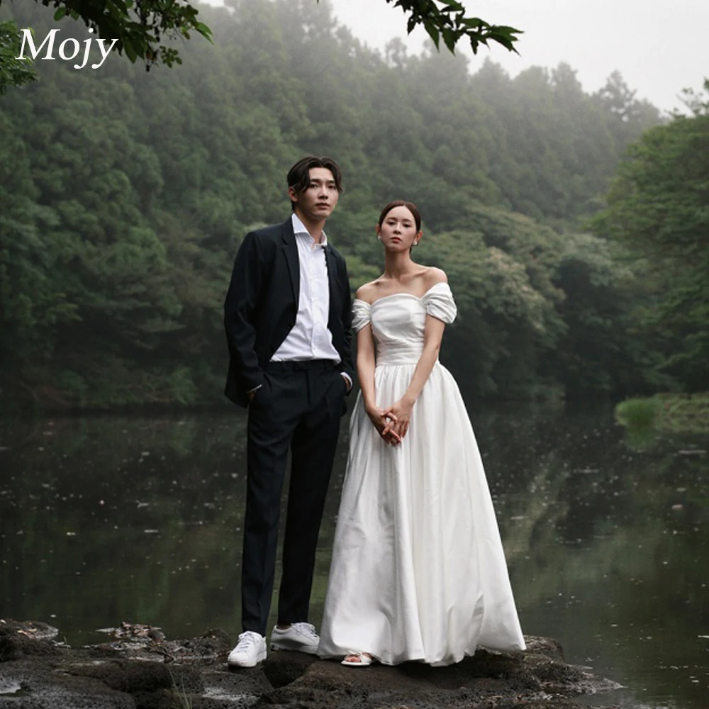 

Mojy Элегантные атласные корейские свадебные платья с открытыми плечами A Line длиной до пола, свадебные платья с корсетом сзади, Vestido de noiva, большие размеры