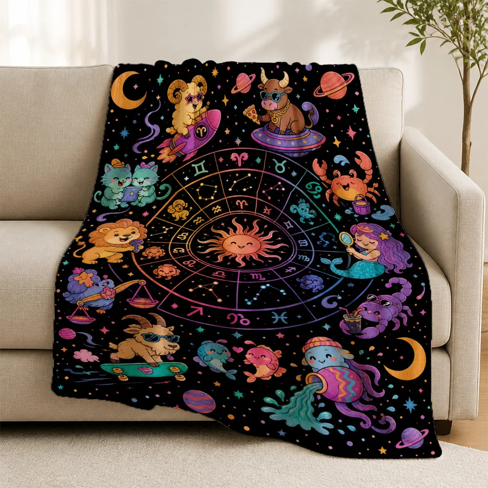 Astrology Zodiac Sign Throw Blanket Constellation Sofa Cover Boho Plush Star Map Horoscope Gift for Women Men Bohemian Decor Thr
