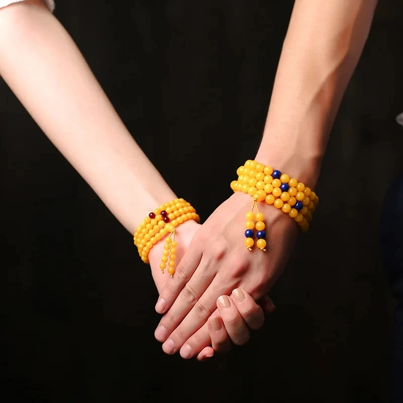 Pulsera de cera de abeja antigua del Báltico para hombre y mujer, brazalete amarillo de 108 cuentas, joyería de mano, cuentas de ámbar, regalo