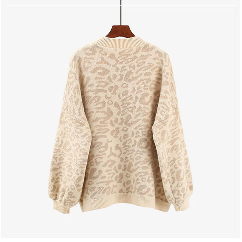 Warm Leopard Knitted Sweater Women Casual Autumn Winter Pullover Long Sleeve Loose Ladies Tops