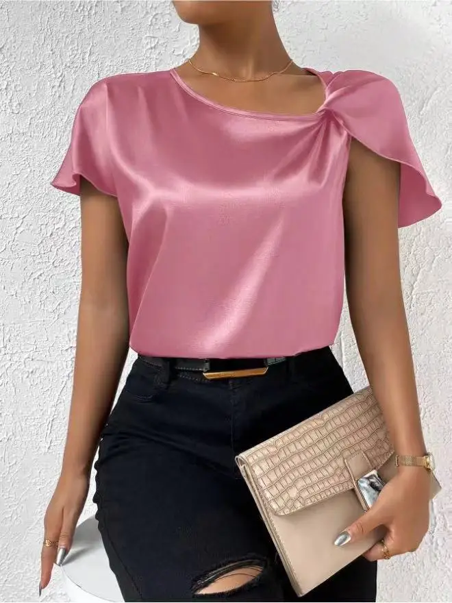 2024 Summer Neck Twist Detail Satin Blouse Casual Loose Solid Short Sleeve O-Neck Shirts Summer Office Lady Tops Chic Streetw