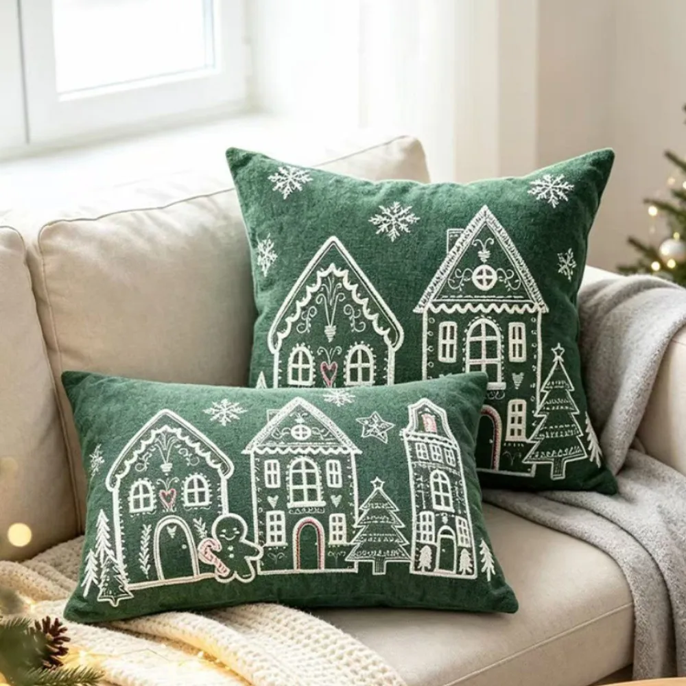 1/2pcs Christmas Gingerbread House Lumbar Pillow Covers 30x50cm 45x45cm Chenille Farmhouse Holiday Gift Throw Pillow Cover