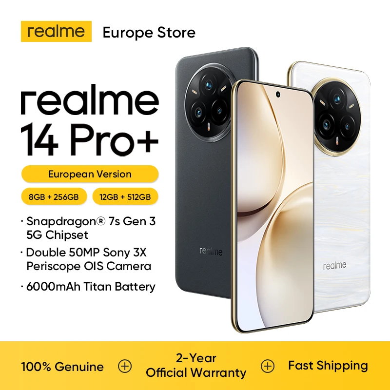 Version européenne realme 14 Pro Plus Smartphone Snapdragon7s Gen 3 5G Chipset 80W Charge 6000mAh Batterie 6.83 "120Hz Affichage NFC