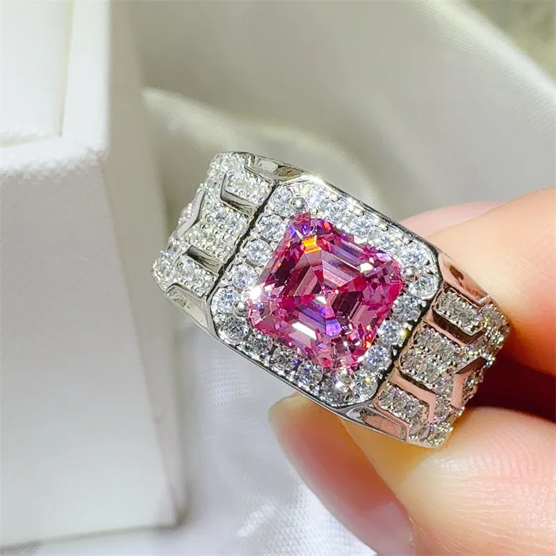

Кольцо с розовым муассанитом Scarce Asscher Cut 2 карата, 100% настоящее серебро 925 пробы, вечерние обручальные кольца для мужчин, ювелирные изделия, подарок