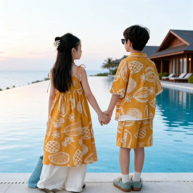 Vacation Summer Sibling Matching Outfits Kids Tropical Print 2PCS Set Boy Shirt + Shorts Girl Cami Dress Casual Loose Breathable