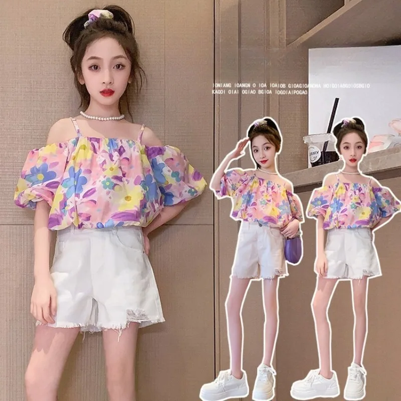 

Girls Summer Clothing Set Fashion Children Floral Sleeveless Top + White Shorts Two-Piece Set 2025 New