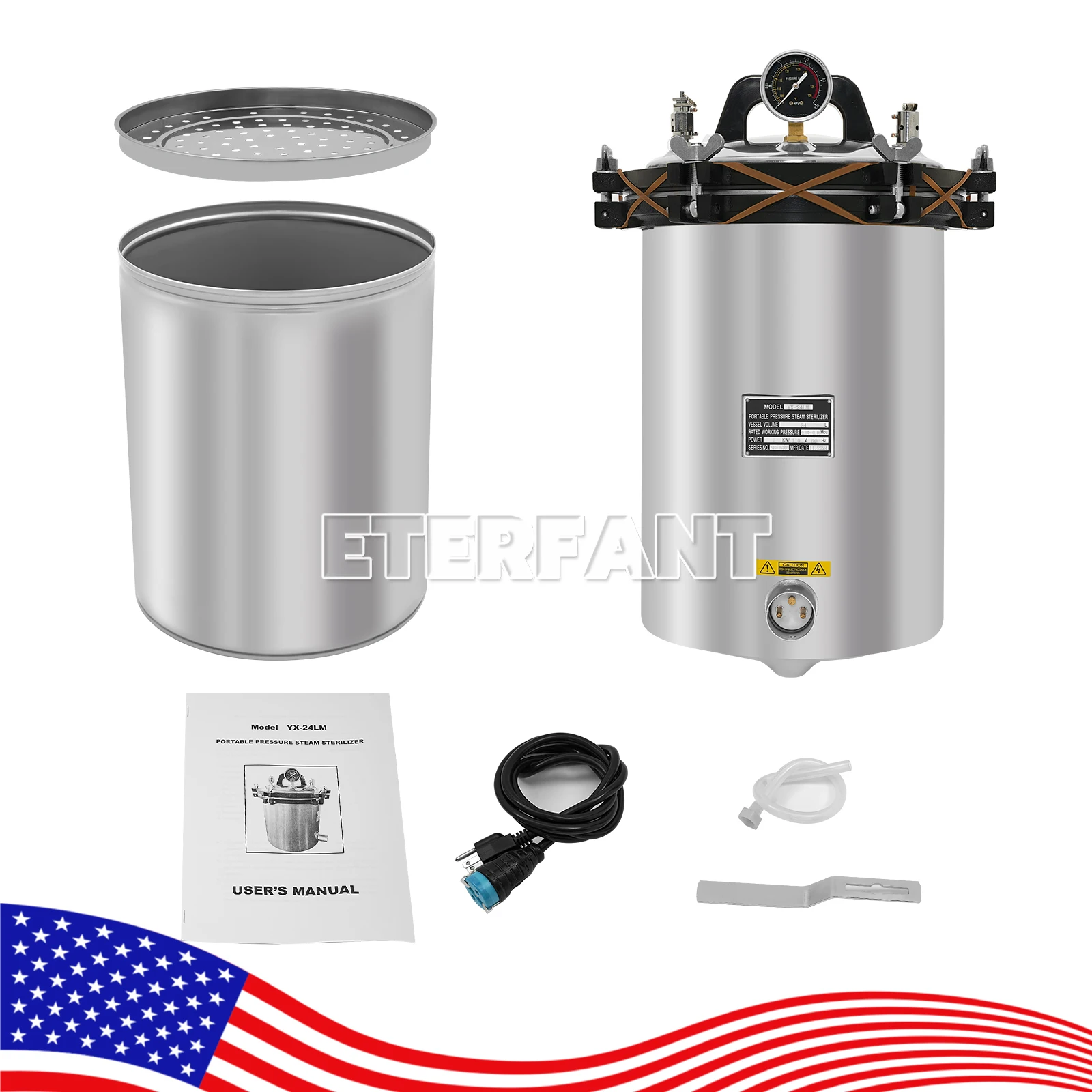 หม้อนึ่งฆ่าเชื้อแบบตั้งโต๊ะ ความจุ 24 ลิตร ทำจากสแตนเลส ใช้ความดันและไฟฟ้า/ใช้ถ่านและไฟฟ้า/หม้อนึ่งฆ่าเชื้อด้วยไอน้ำและรังสียูวี ความจุ 27 ลิตร