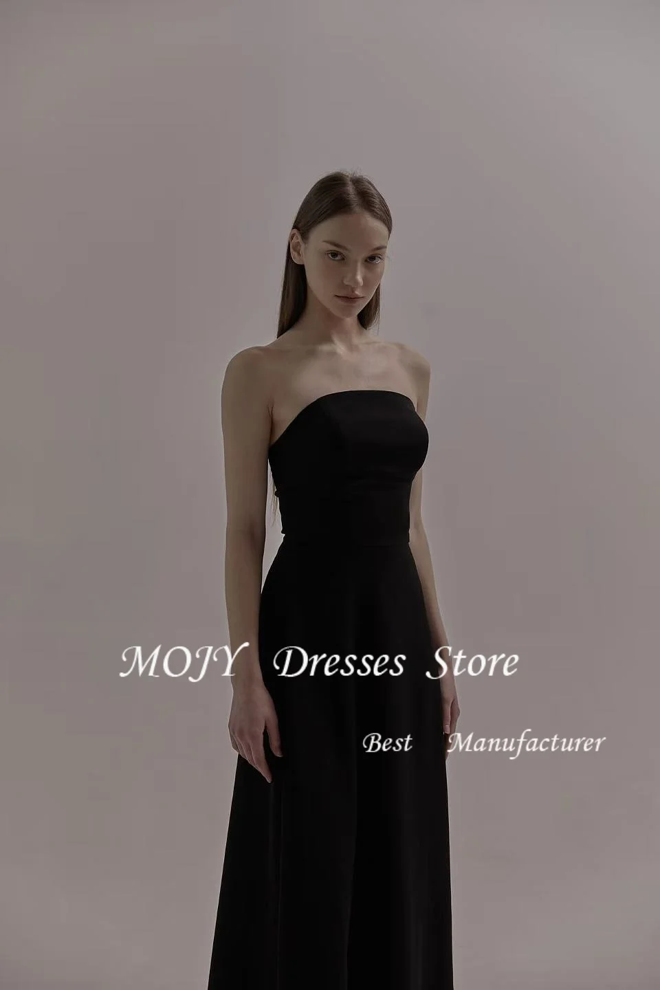 

Mojy Черное корейское вечернее платье без бретелек с болеро из тюля на одно плечо, эластичное атласное вечернее платье, свадебное платье