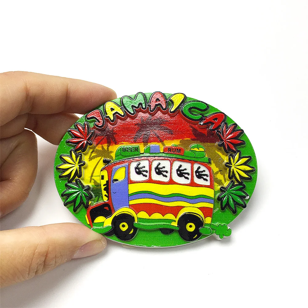 

Jamaica 3D Resin Fridge Magnet: Vintage Jamaican Bus & Palm Tree Scene for Home Decor, Fun Kitchen Decoration, Refrigerator Magn