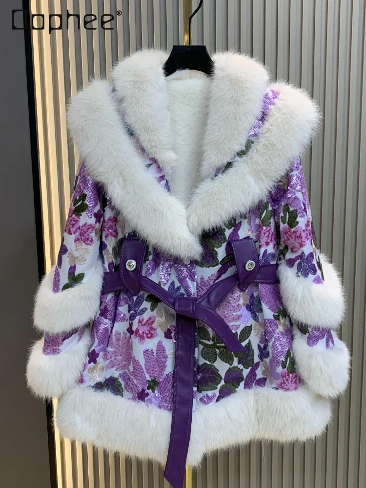 

Purple Faux Fur Coat Women Belt Temperament Heavy Industry Sequins Imitation Fox Fur Collar European Mink Fur Coat Tide Jacket