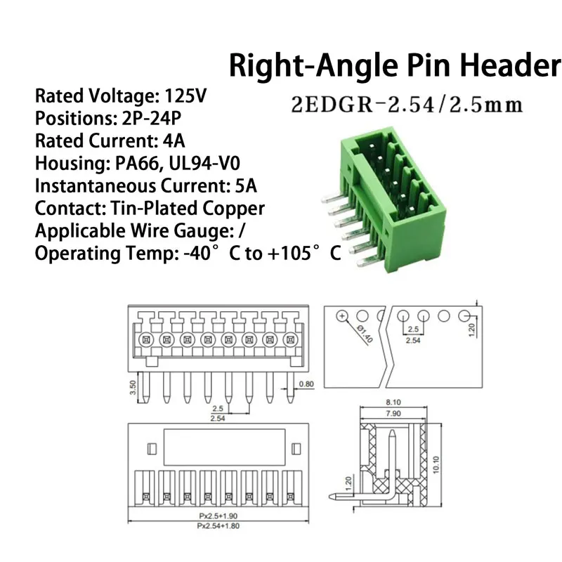 굽은 핀 헤더 PA66 나일론 | 절연 산업용 2.54mm 커넥터 키트 (2P-24P) | 군사/신에너지 호환