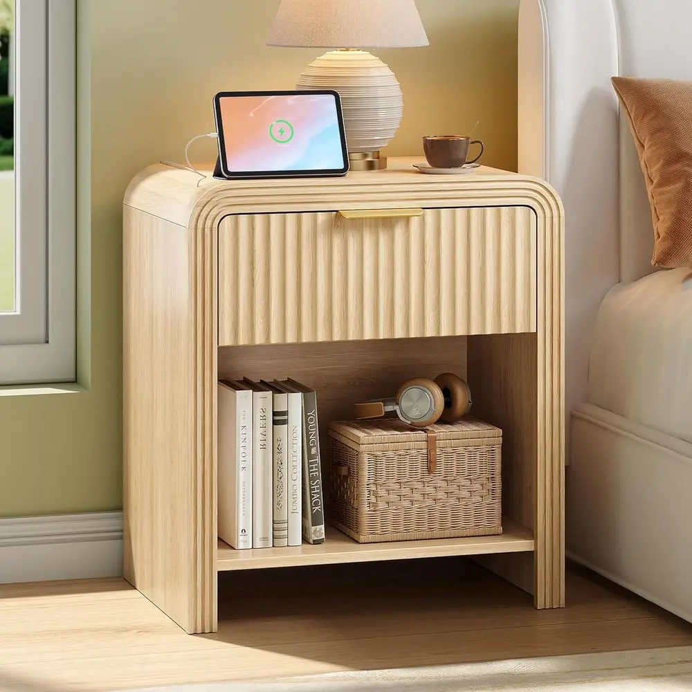 

Modern Bedroom Nightstand with Charging Station, Elegant Side Table with Gold Handles, Drawers & Open Shelf, Curved Profile Desi