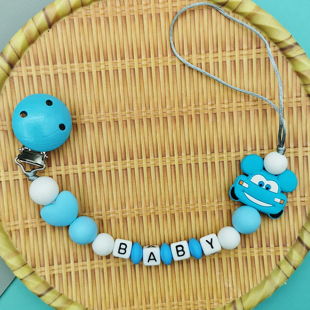 Custom English Acrylic Letter Name Silicone Car Beads Baby Pacifier Chain Clip Teether Pendants Kawaii Baby Toy Creative Gifts